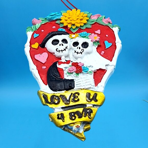 Sugar Skull Day of the Dead Love U 4 Skeleton Couple Heart Ornament Valentine - Picture 11 of 12
